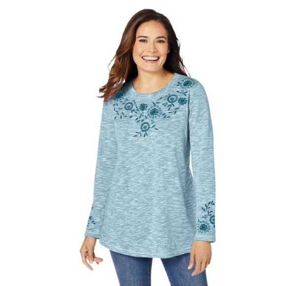 Woman Within Women 14/16 Teal Embroidered Cottagecore Sweatshirt - Picture 1 of 6